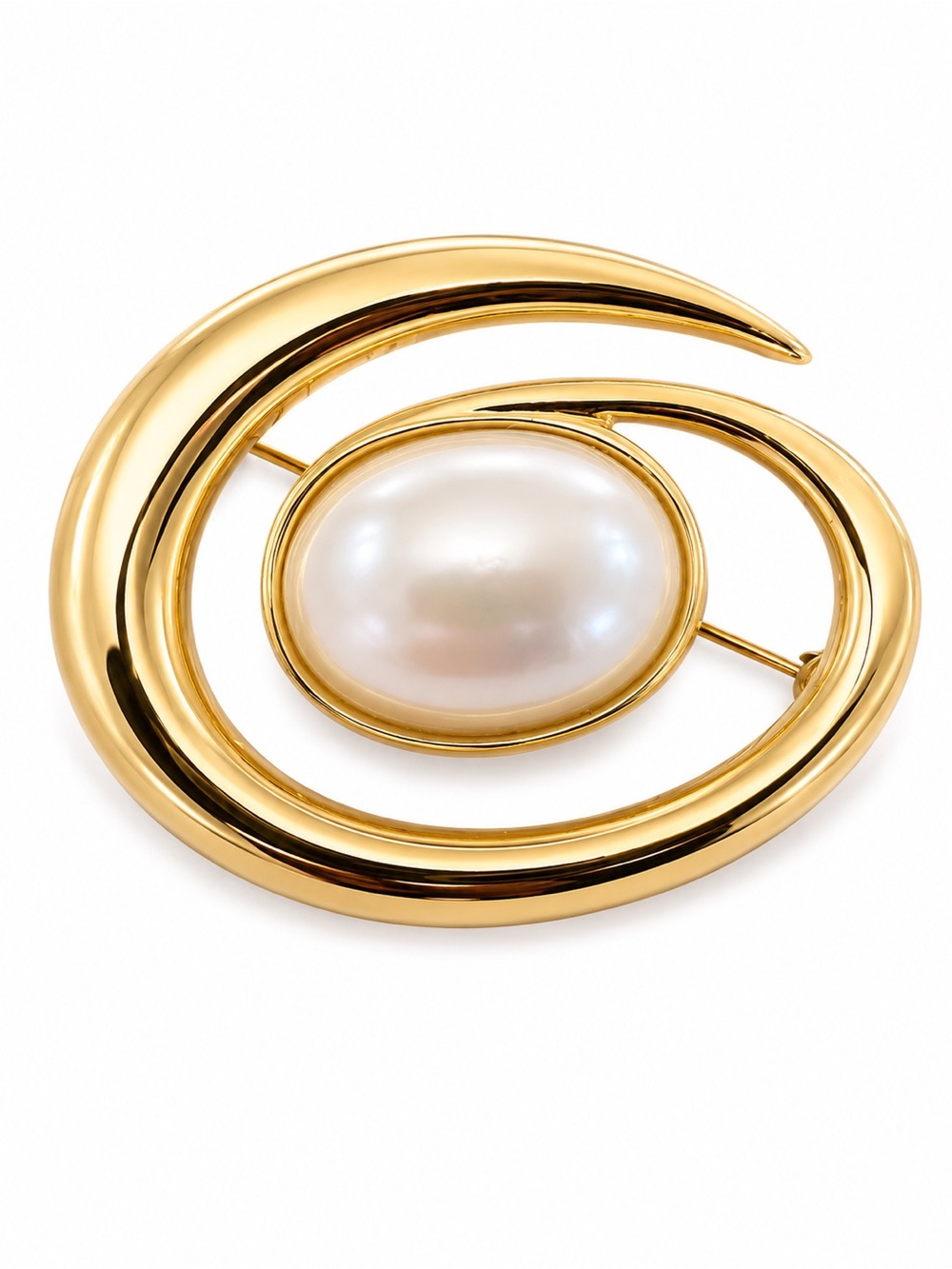 Vintage Monet Gold Tone Faux Pearl Brooch – Modernist Swirl Statement Pin